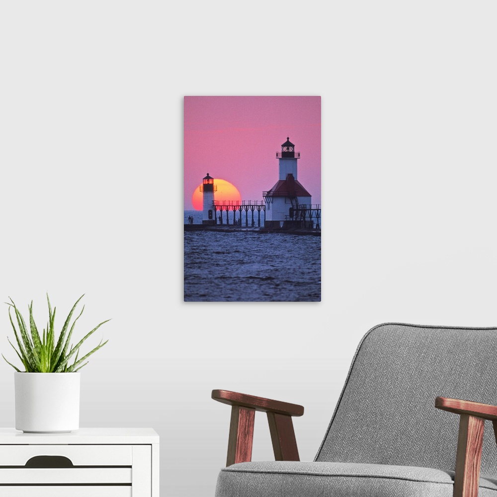 A modern room featuring Lighthouse at sunset, St. Joseph, Michigan, USA