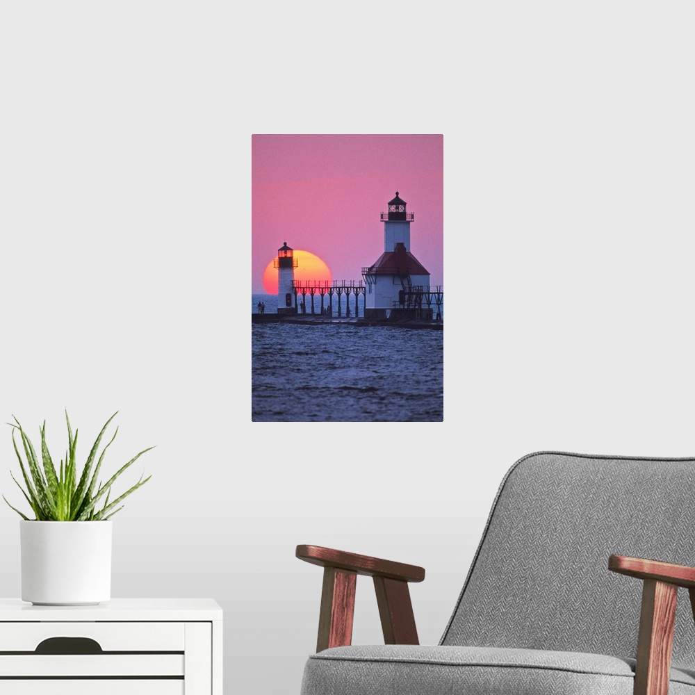 A modern room featuring Lighthouse at sunset, St. Joseph, Michigan, USA