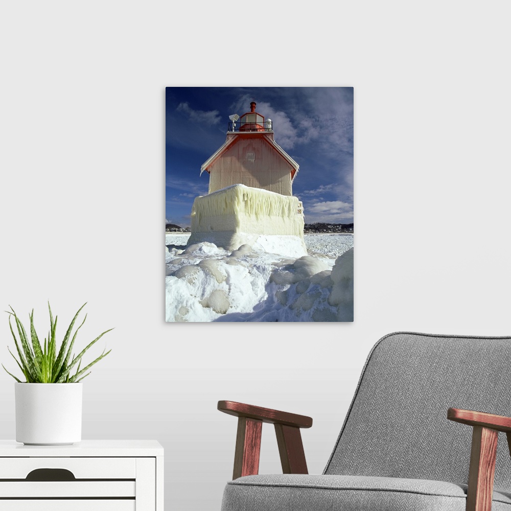 A modern room featuring Lighthouse on a snow covered coast, Grand Haven South Pierhead Lighthouse, Grand Haven, Ottawa Co...