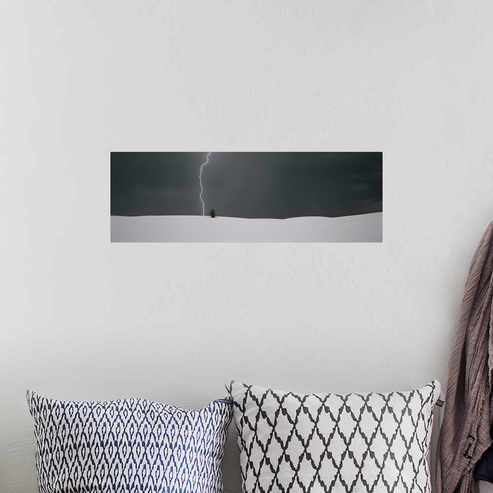 A bohemian room featuring Panoramic photo print of a lightning strike hitting behind a plant near a sand dune.