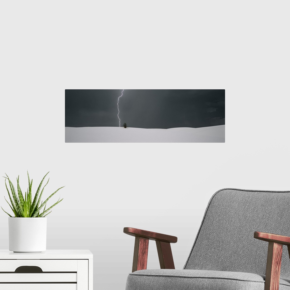 A modern room featuring Panoramic photo print of a lightning strike hitting behind a plant near a sand dune.