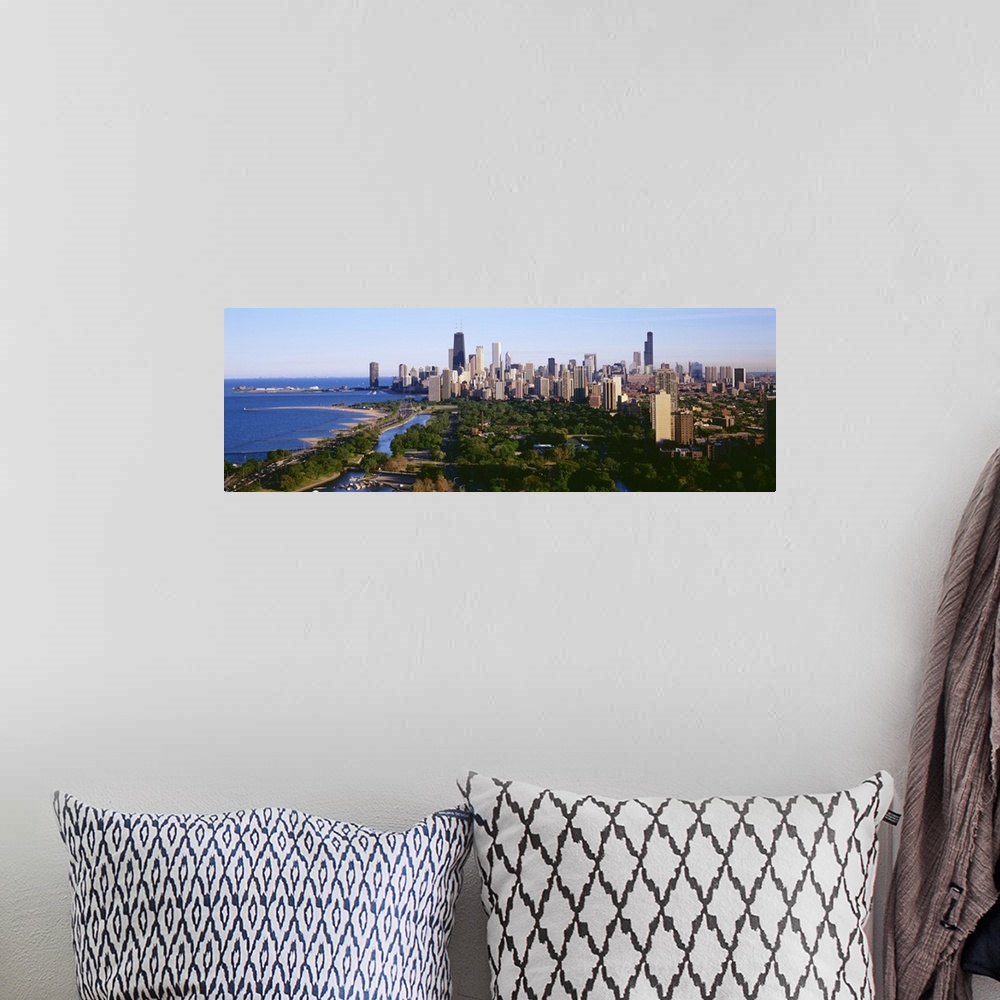 A bohemian room featuring Panoramic image on canvas of the Chicago cityscape along the waterfront.