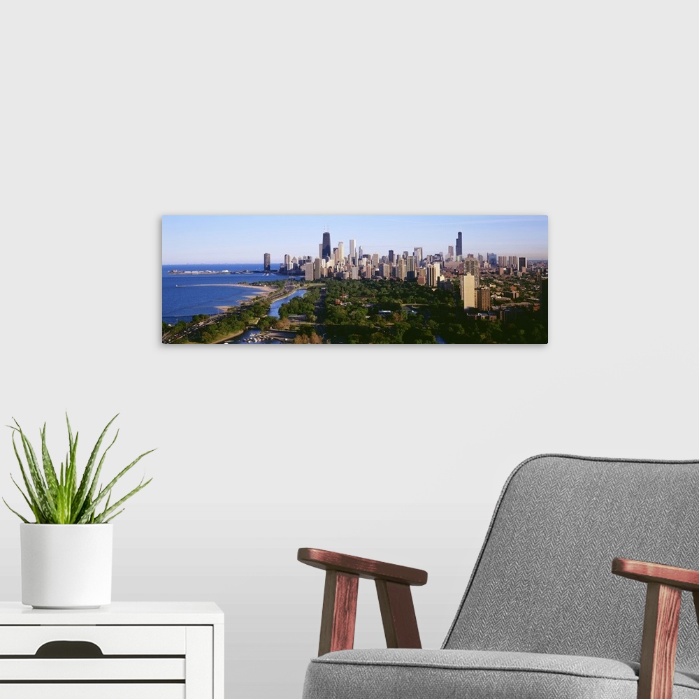 A modern room featuring Panoramic image on canvas of the Chicago cityscape along the waterfront.