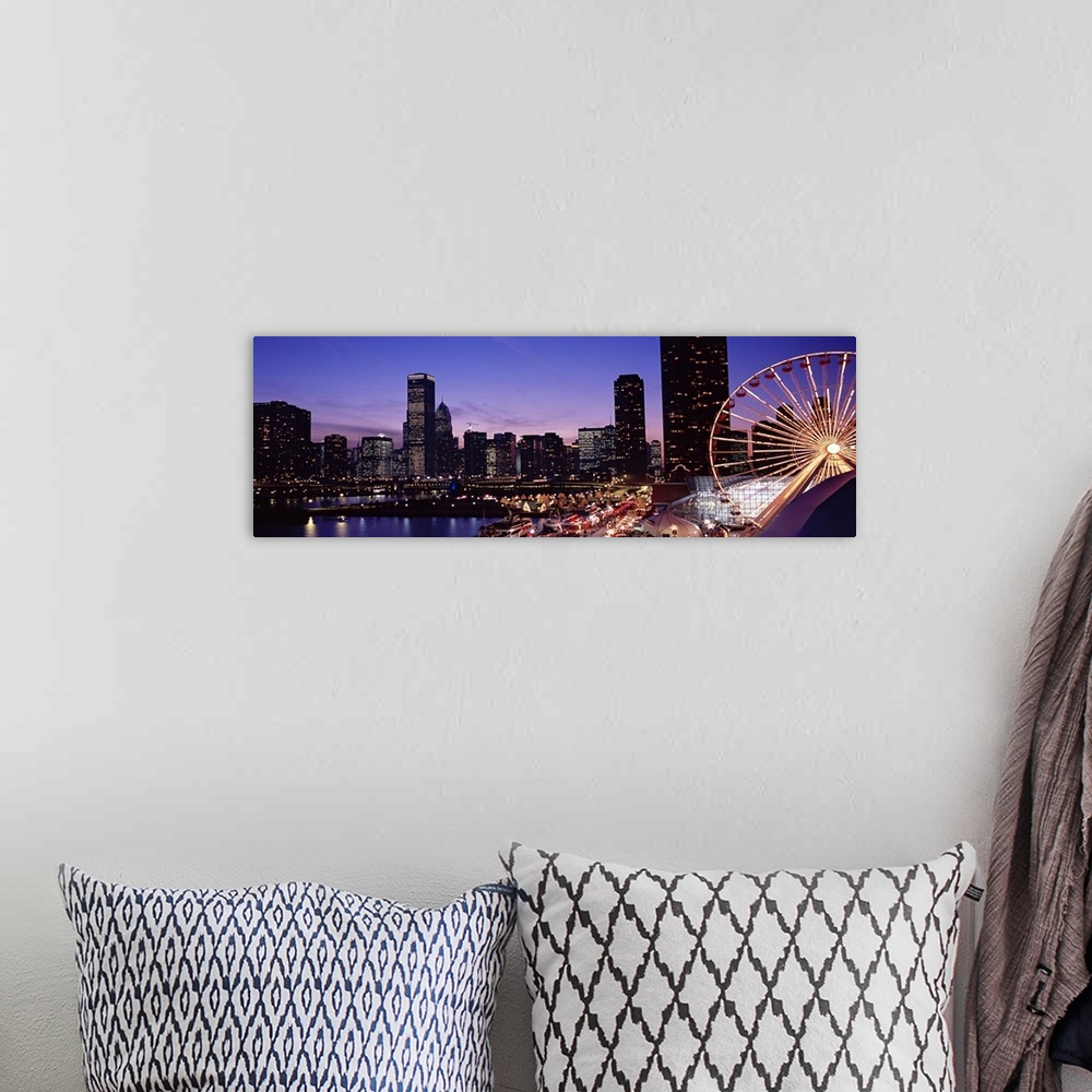 A bohemian room featuring Panoramic photograph taken of a brightly lit skyline within a lively city in the Midwestern Unite...