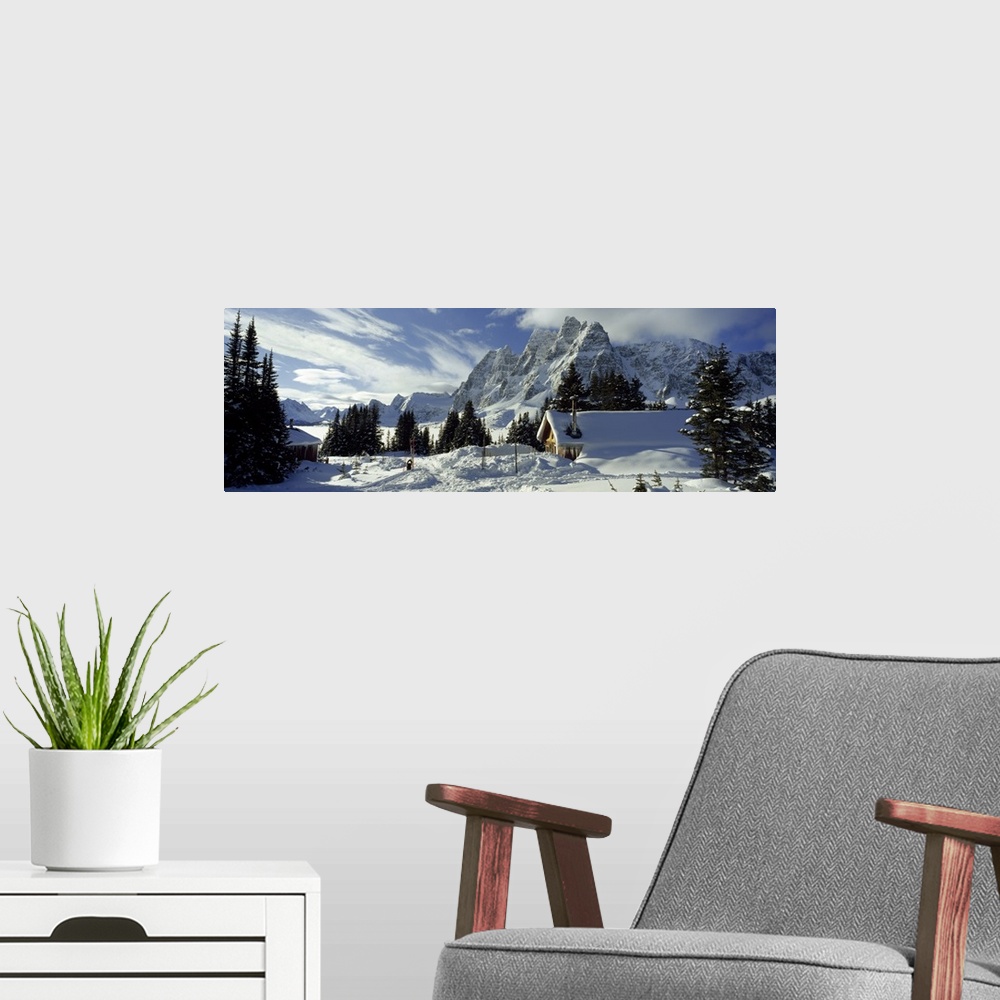 A modern room featuring Lodge and mountains covered with snow, Tonquin Valley Backcountry Lodge, The Ramparts, Tonquin Va...