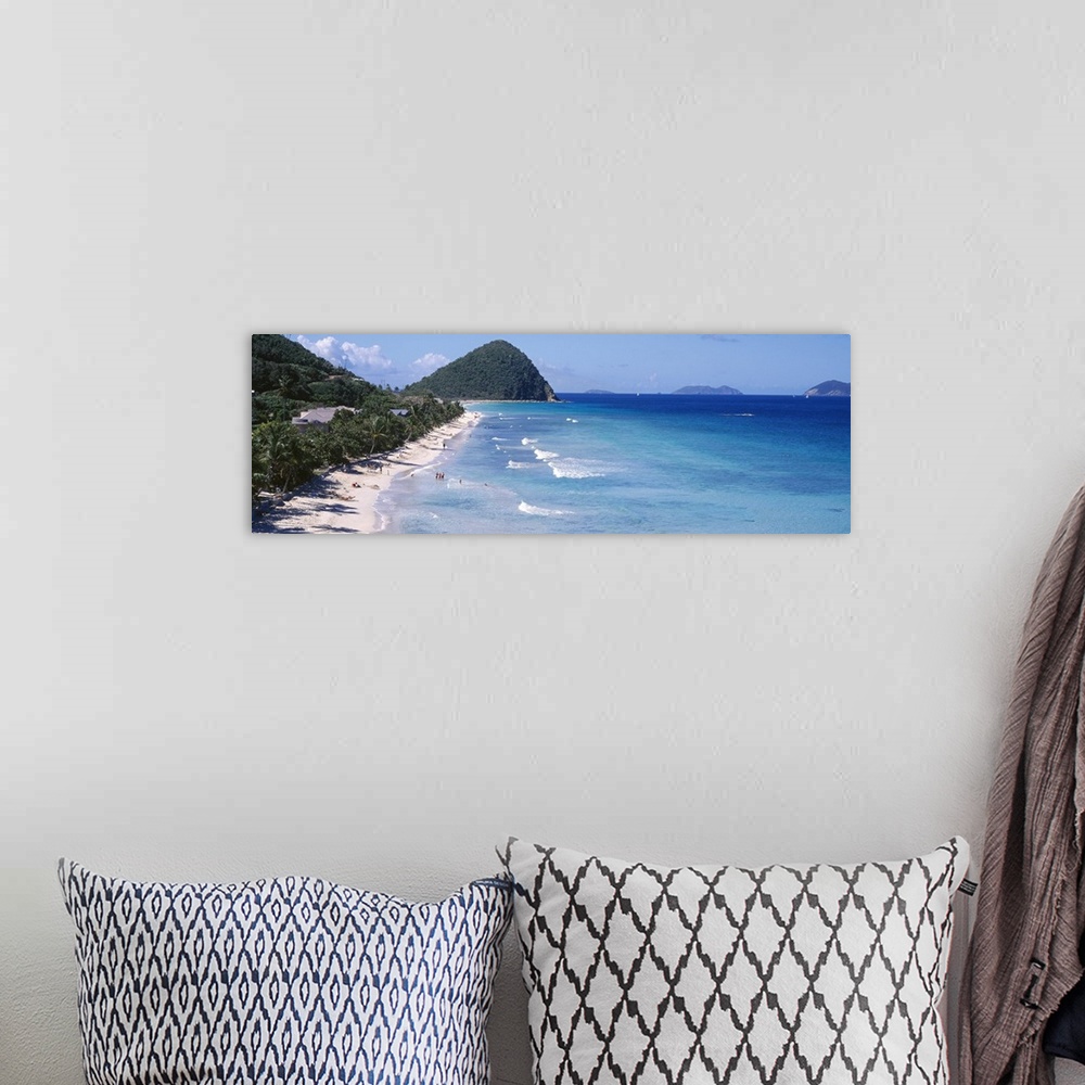 A bohemian room featuring Panoramic photo of an ocean meeting a white sand beach with tropical vegetation.