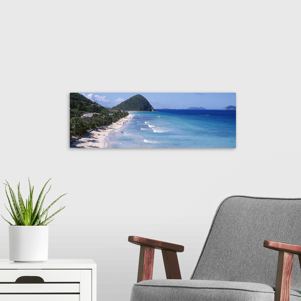 A modern room featuring Panoramic photo of an ocean meeting a white sand beach with tropical vegetation.