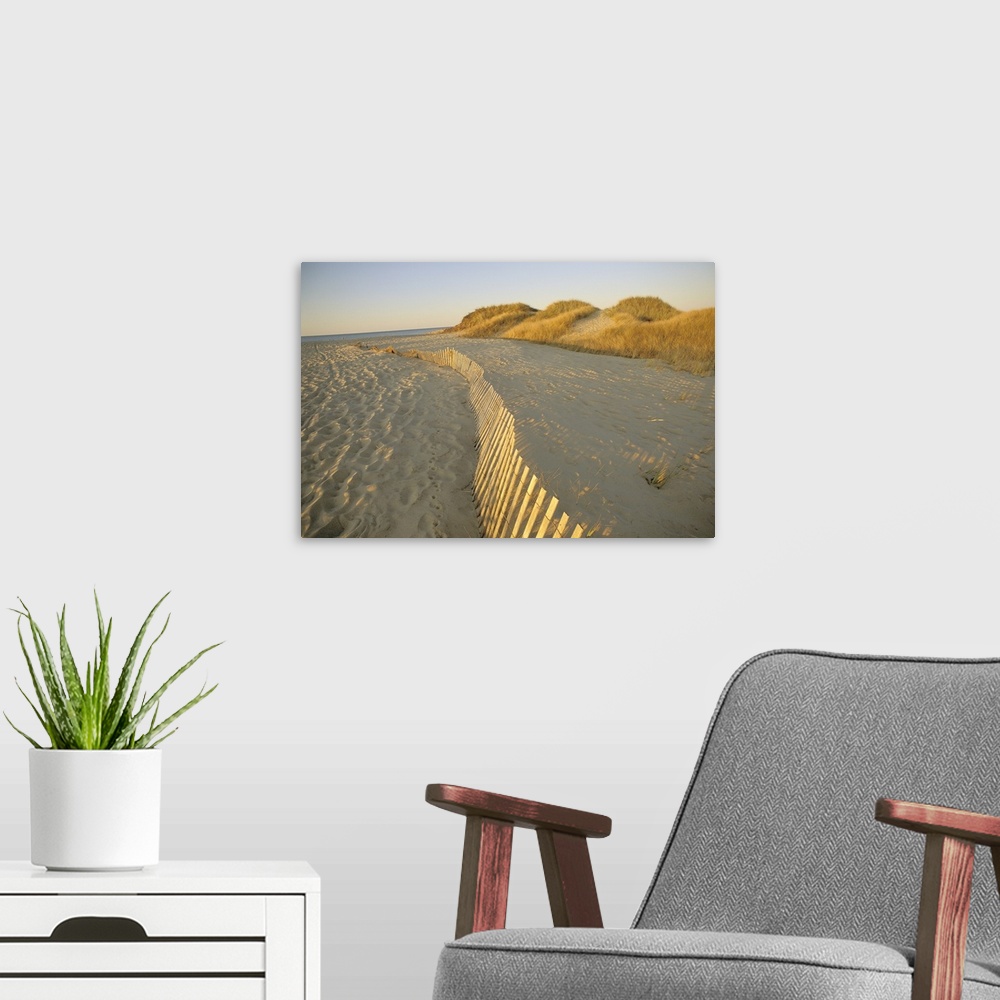 A modern room featuring Large photograph taken of a sandy beach that has a fence running through the middle of the pictur...