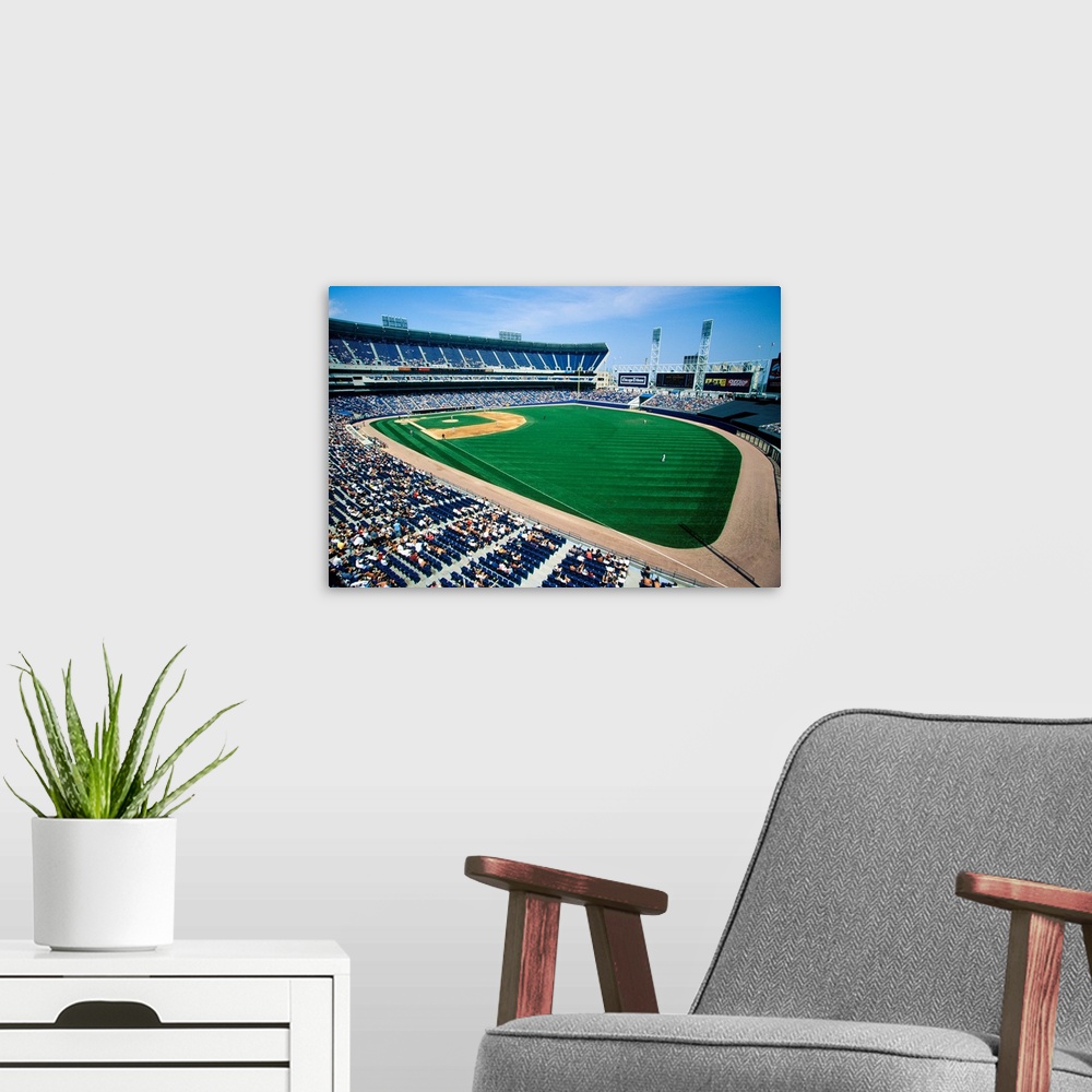 A modern room featuring Long view of Baseball diamond and bleachers during professional Baseball Game, Comiskey Park, Ill...