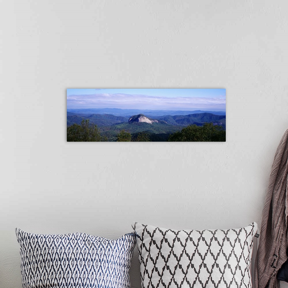 A bohemian room featuring Panoramic, high angle photograph of treetops in front of a distant Looking Glass Rock, surrounded...