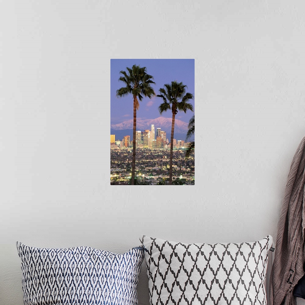 A bohemian room featuring A vertical photograph of skyscrapers in the Los Angelesos skyline framed by two palm trees and mo...