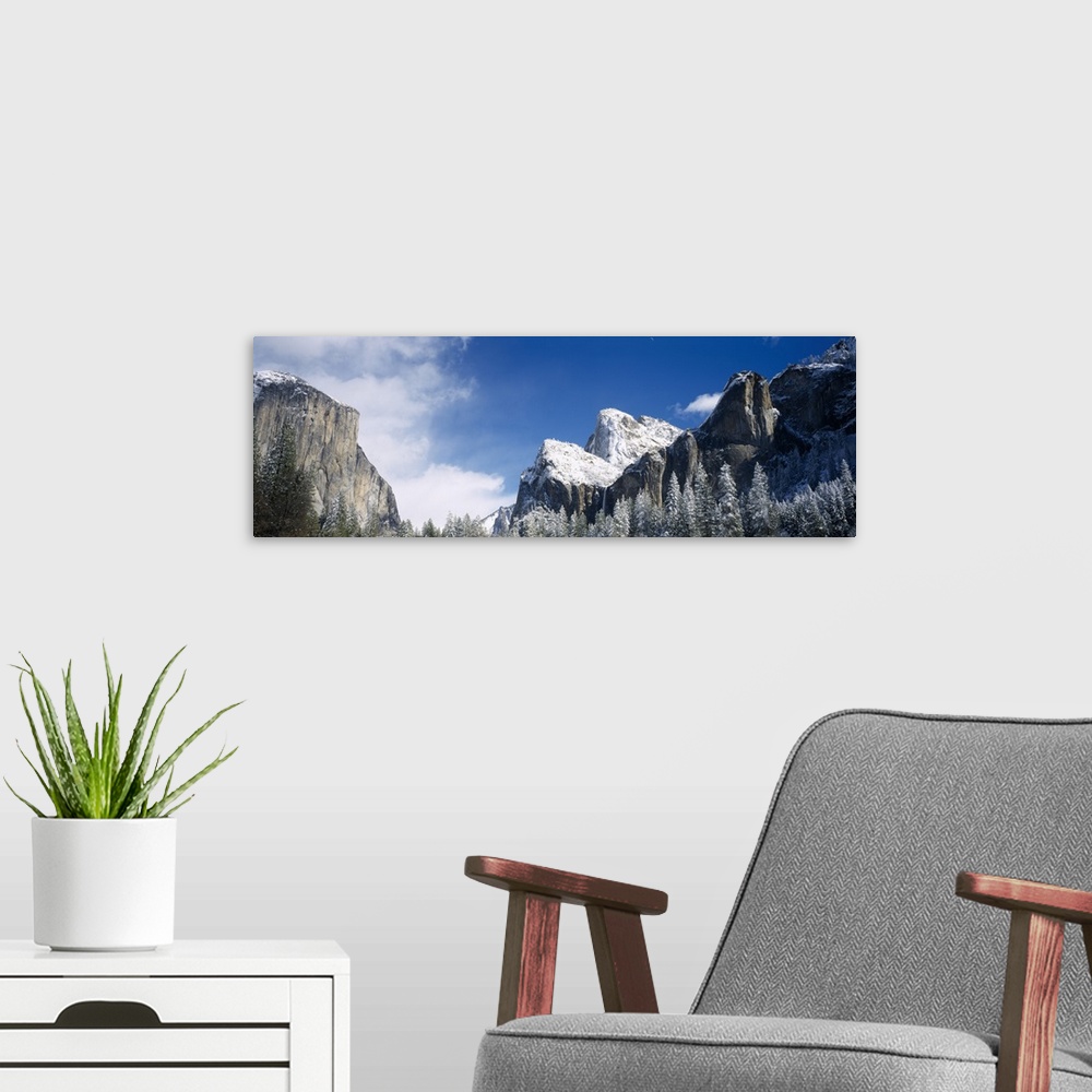 A modern room featuring Low angle view mountains, Bridal Veil Falls Yosemite, El Capitan, Yosemite National Park, California