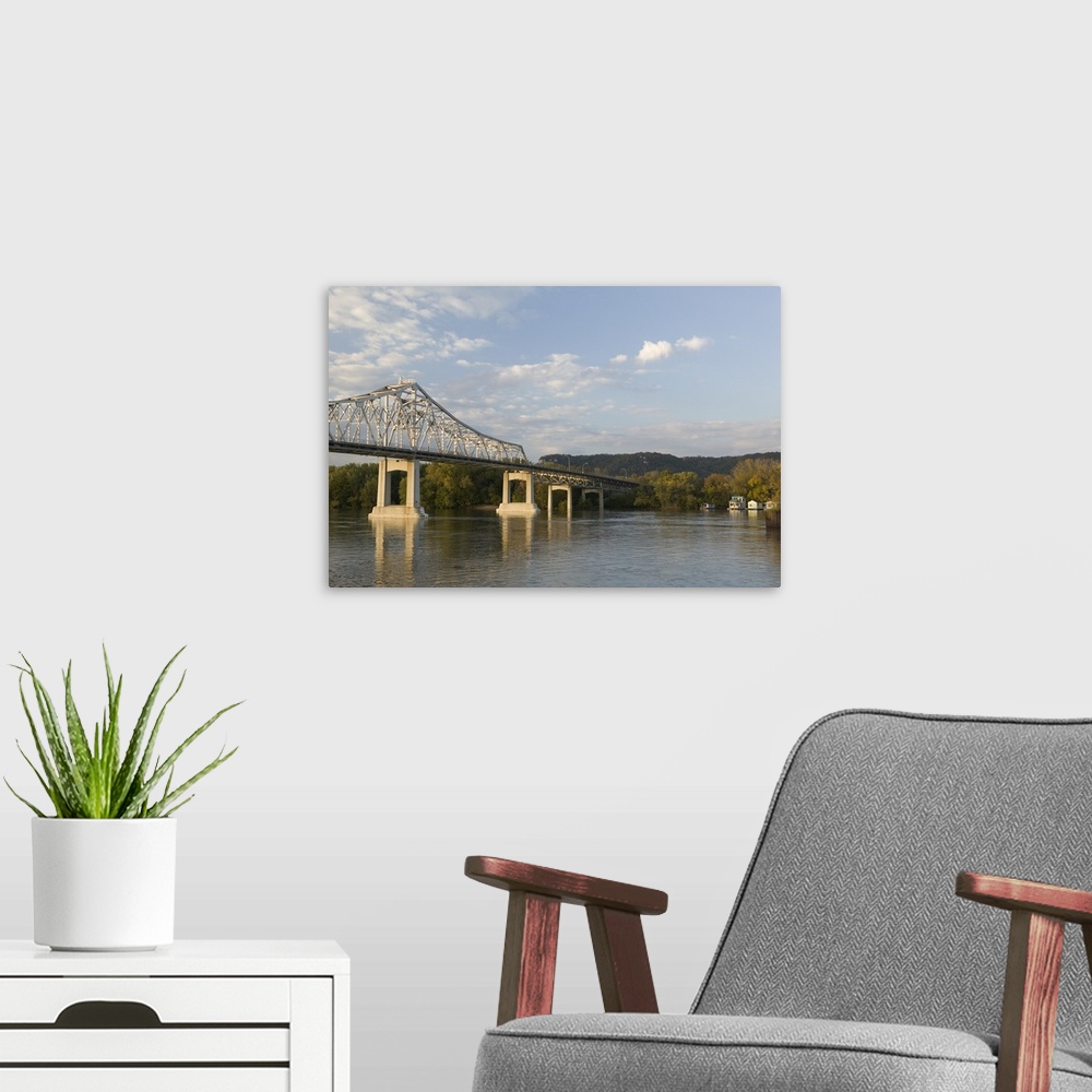 A modern room featuring Low angle view of a bridge across a river, Mississippi River, Winona, Minnesota