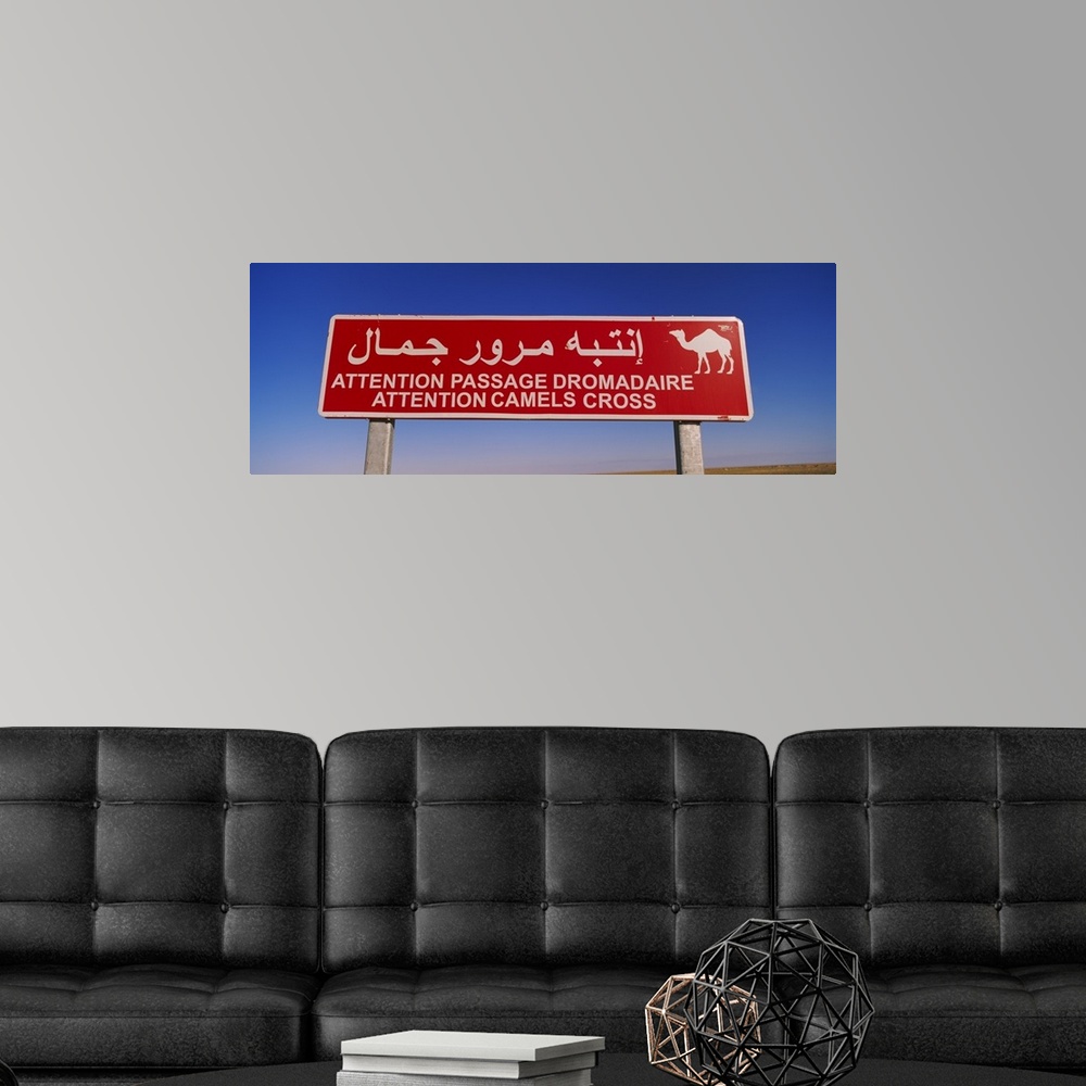 A modern room featuring Low angle view of a camel crossing signboard, Douz, Tunisia