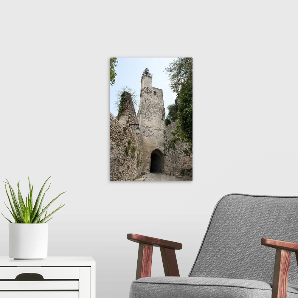 A modern room featuring Low angle view of a clock tower, Vaison La Romaine, Vaucluse