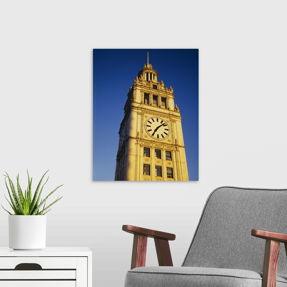 A modern room featuring Low angle view of a clock tower, Wrigley Building, Chicago, Illinois