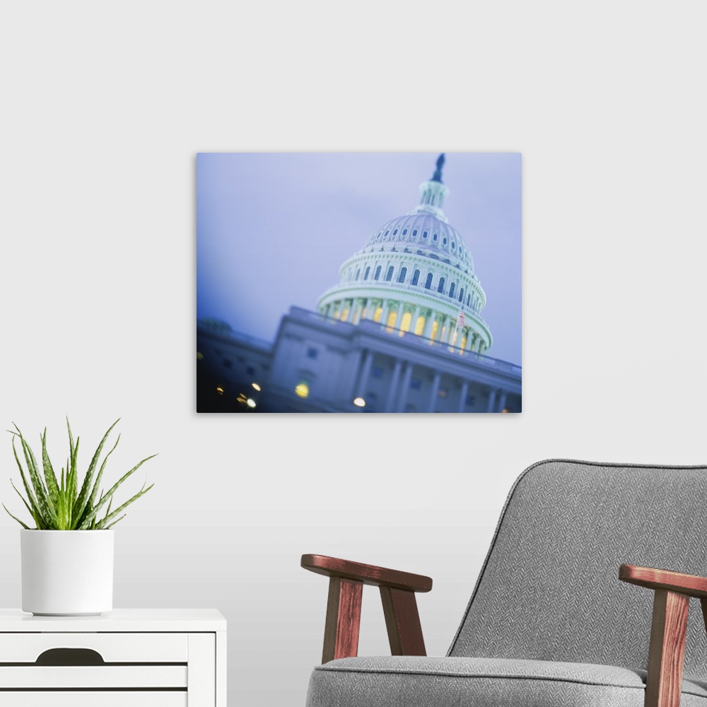 A modern room featuring Low angle view of a government building, Capitol Building, Washington DC
