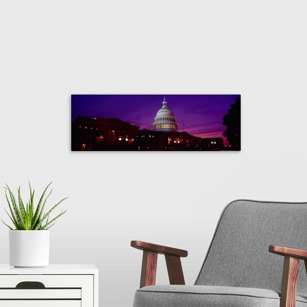 A modern room featuring Low angle view of a government building lit up at twilight, Capitol Building, Washington DC