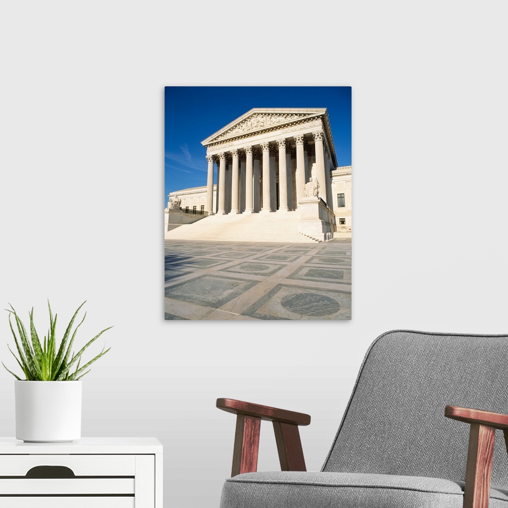 A modern room featuring Low angle view of a government building, US Supreme Court Building, Washington DC
