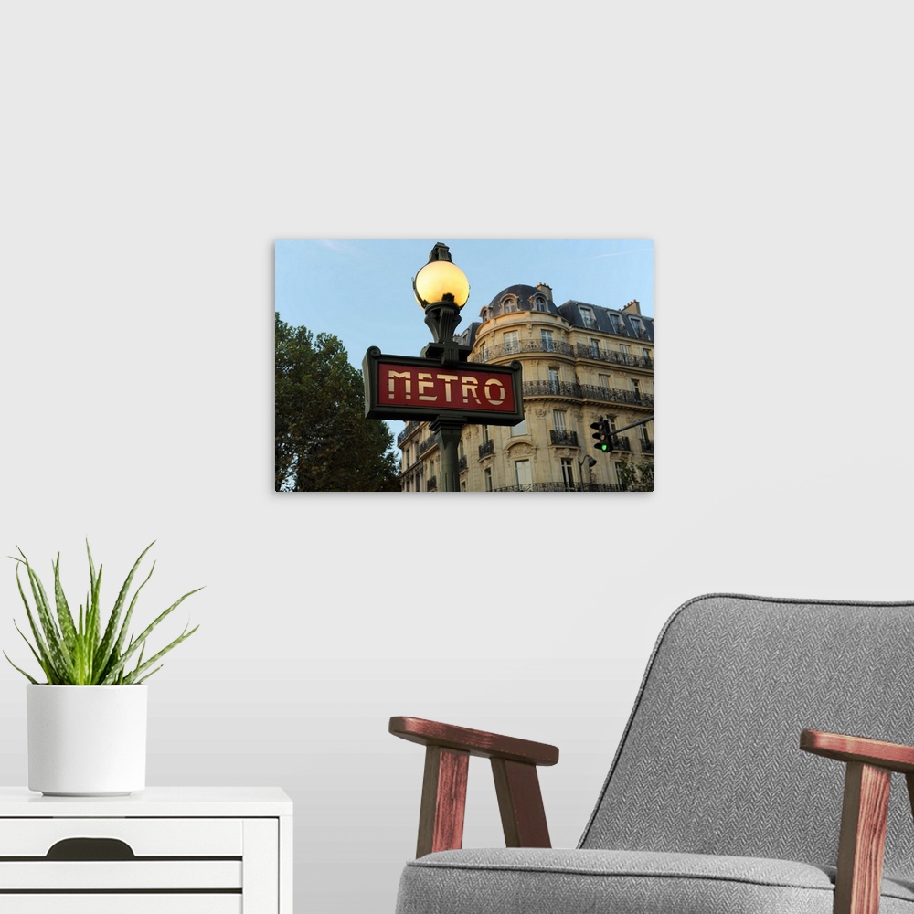 A modern room featuring Low angle view of a metro sign, Paris, Ile-De-France, France