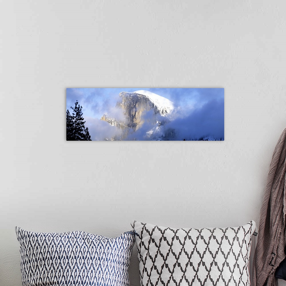 A bohemian room featuring Low angle view of a mountain covered with snow, Half Dome, Yosemite National Park, California