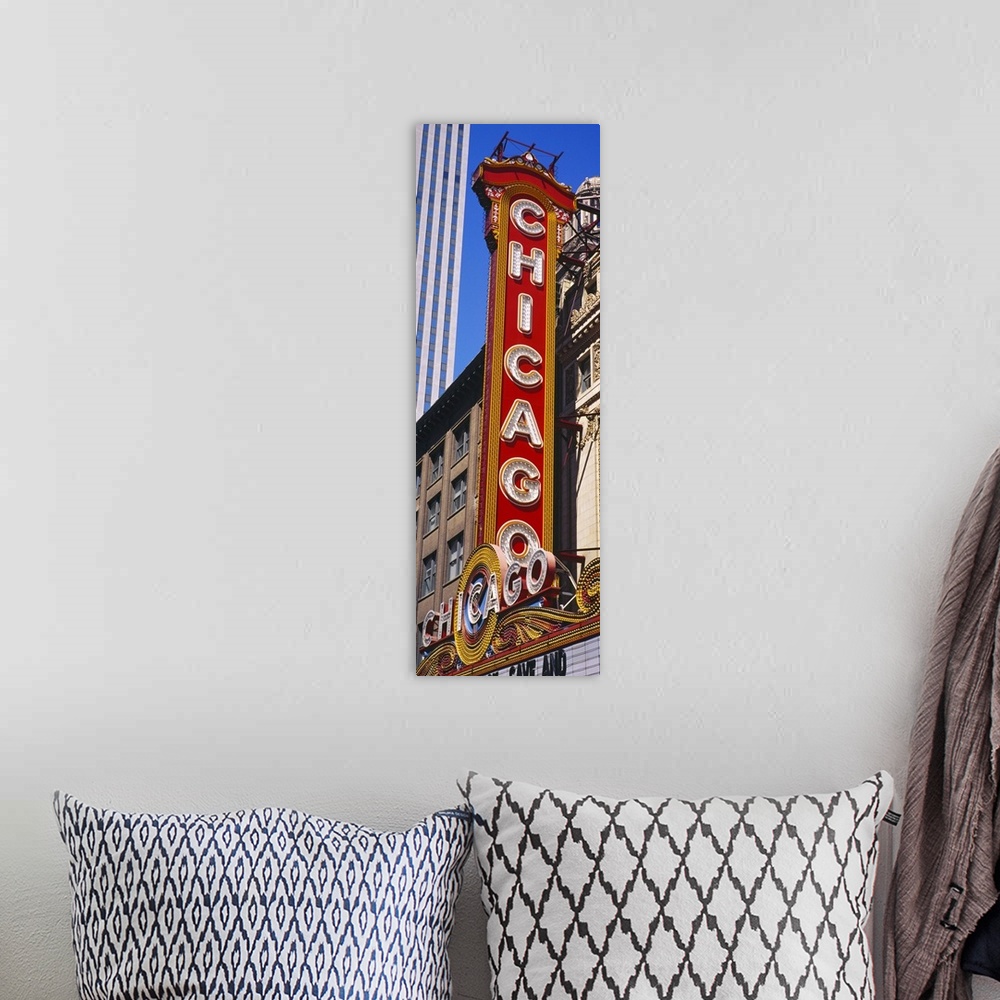 A bohemian room featuring Large vertical panoramic photograph of a movie theater sign in Chicago, Illinois (IL).