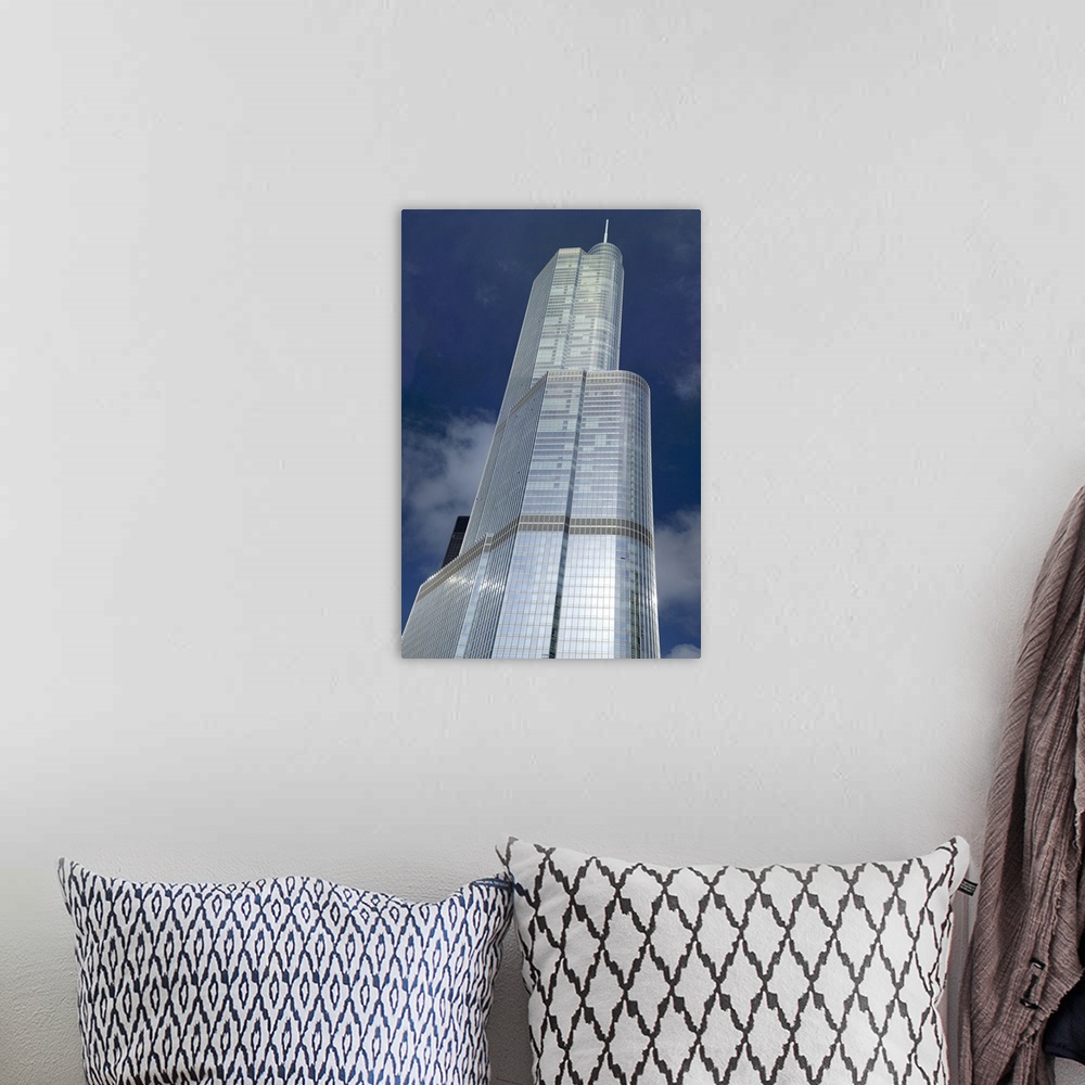 A bohemian room featuring Low angle view of a skyscraper, Trump Tower, Chicago, Cook County, Illinois, USA