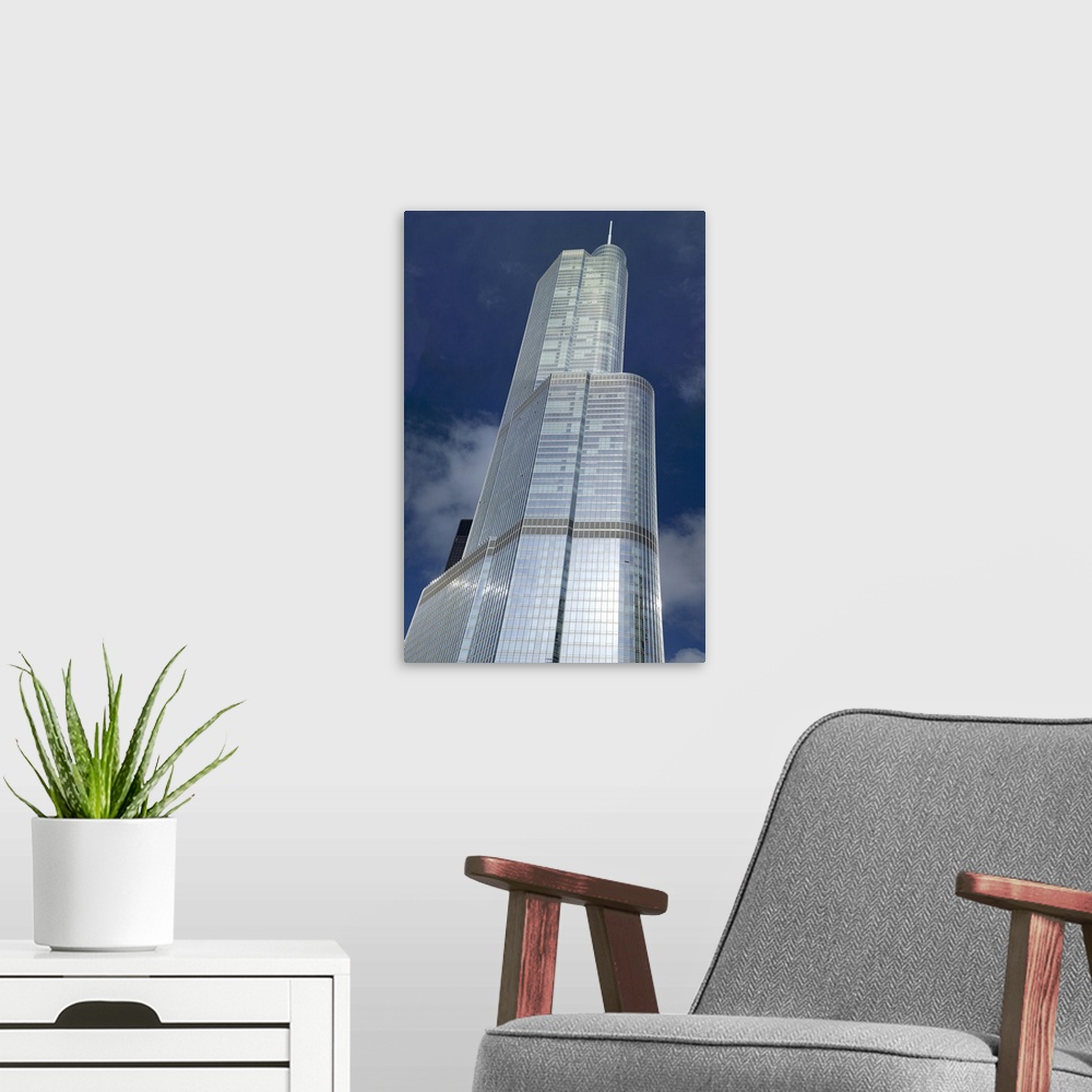 A modern room featuring Low angle view of a skyscraper, Trump Tower, Chicago, Cook County, Illinois, USA