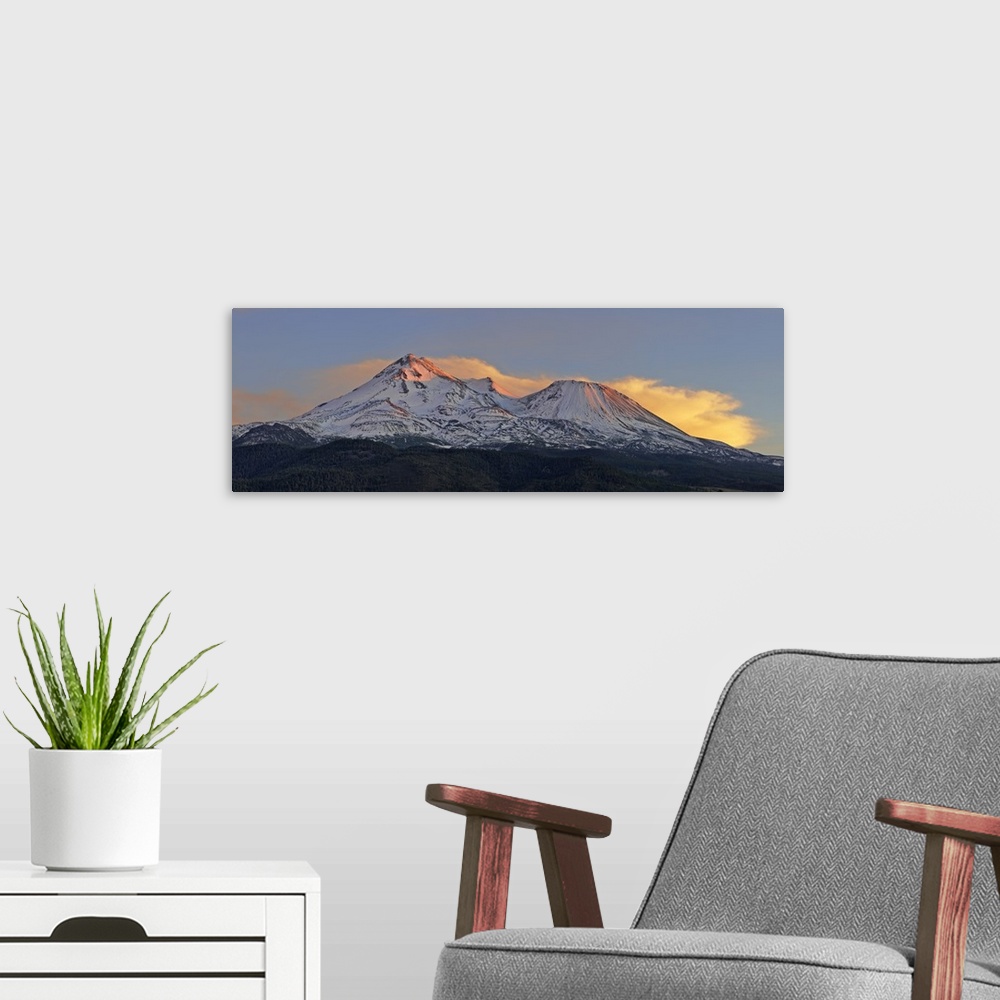 A modern room featuring Low angle view of a snow covered mountain, Mt Shasta, Siskiyou County, California