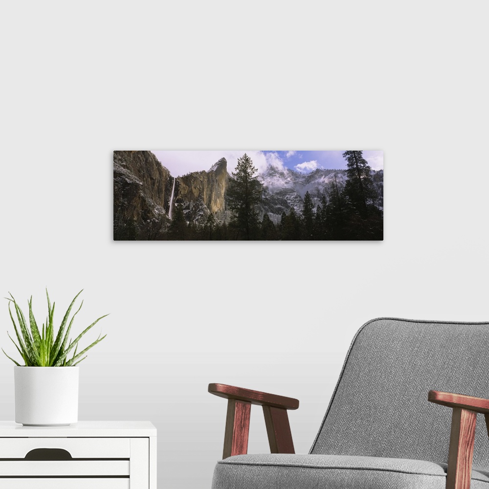 A modern room featuring Low angle view of a waterfall in a forest, Bridal Veil Falls Yosemite, Yosemite National Park, Ma...