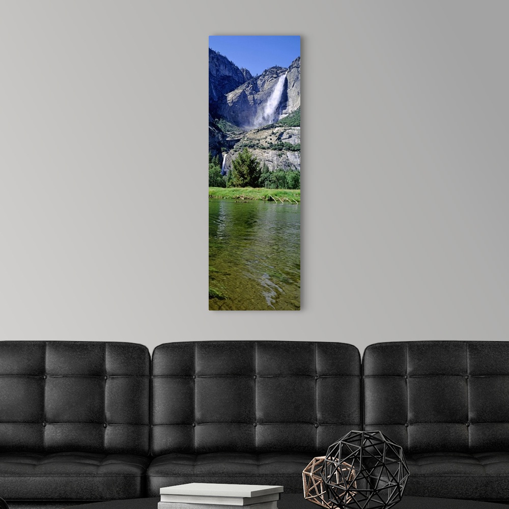 A modern room featuring Low angle view of a waterfall, Yosemite Falls, Yosemite National Park, California