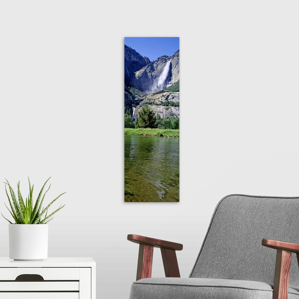A modern room featuring Low angle view of a waterfall, Yosemite Falls, Yosemite National Park, California