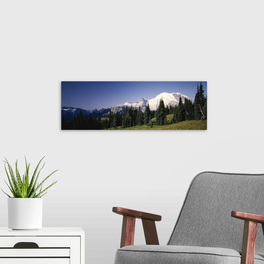 A modern room featuring Low angle view of mountains, Mt Rainier, Washington State