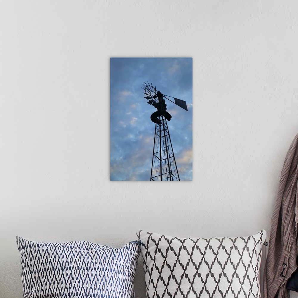 A bohemian room featuring Low angle view of silhouetted windmill, cloudy sky, Iowa