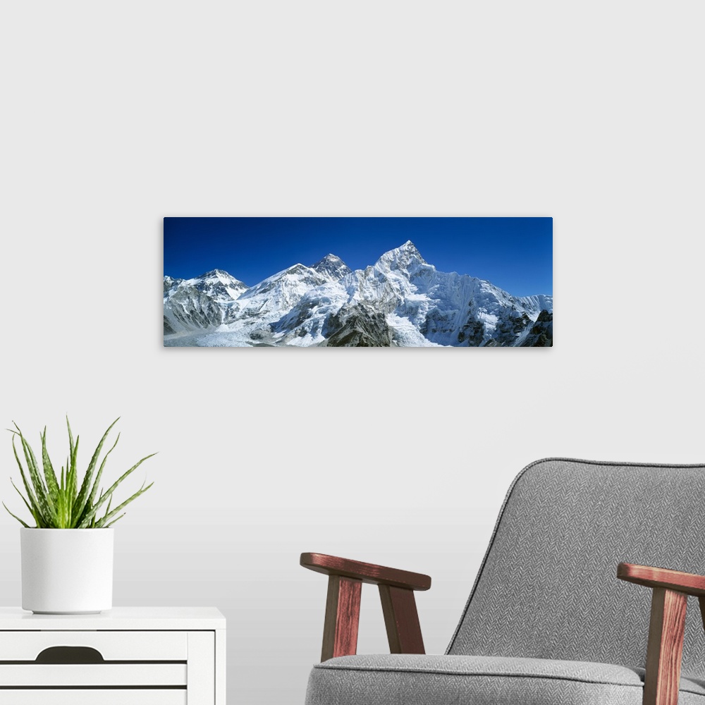 A modern room featuring Low angle view of snowcapped mountains, Himalayas, Khumba Region, Nepal