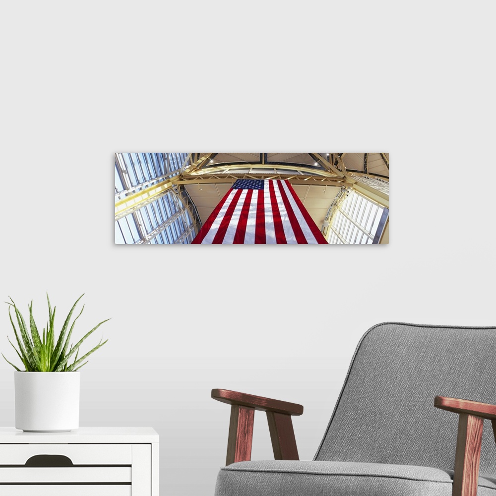 A modern room featuring Low angle view of the American Flag, Ronald Reagan Washington National Airport, Washington DC