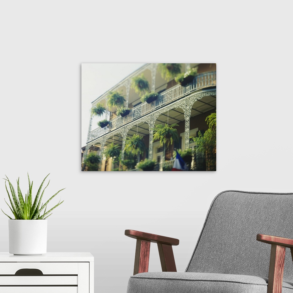 A modern room featuring Low angle view of window boxes in the balconies of a hotel, New Orleans, Louisiana