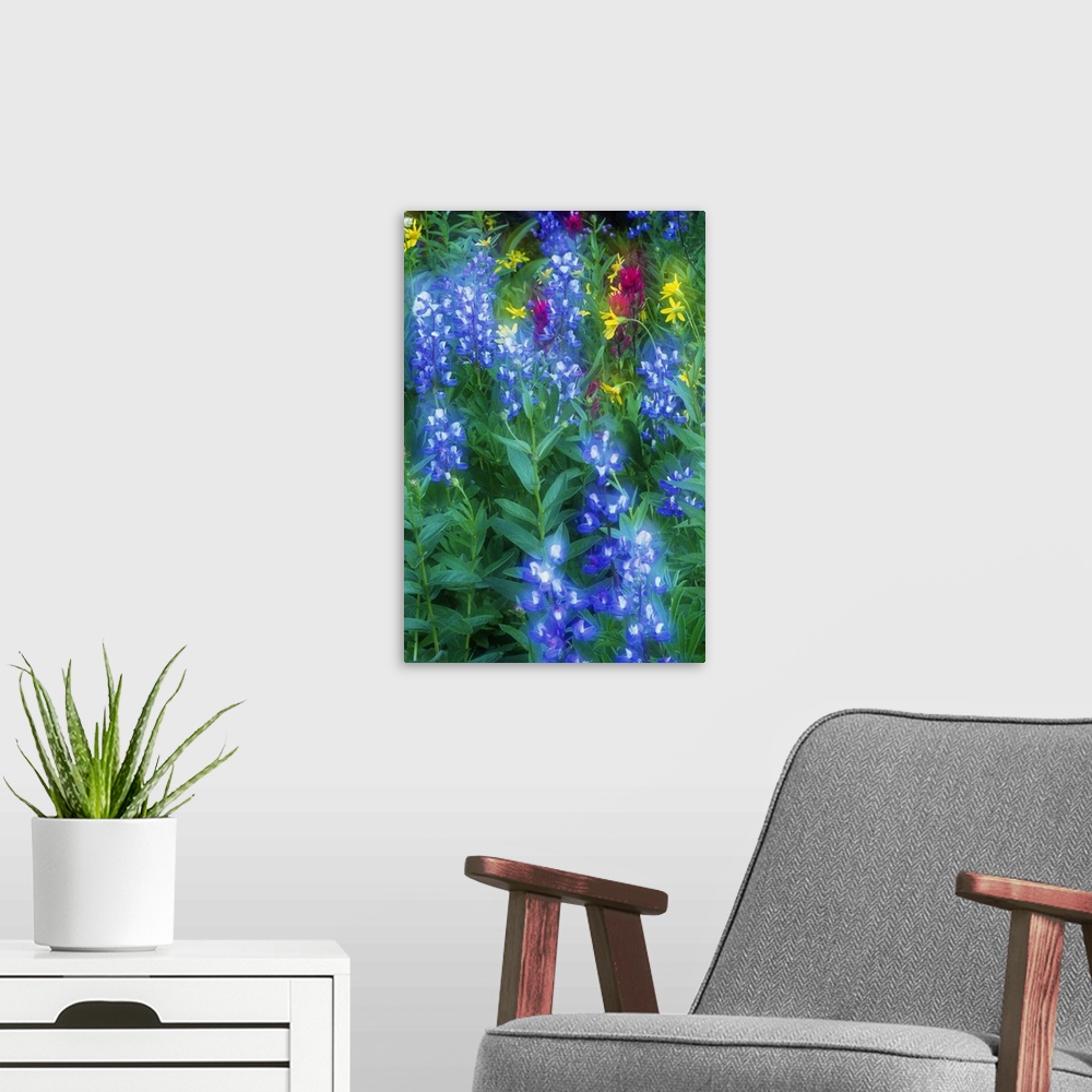 A modern room featuring This is a vertical, nature close up photograph of flowers growing in a meadow.
