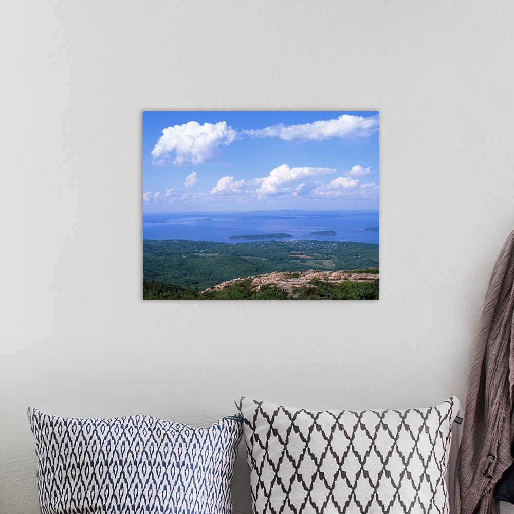 A bohemian room featuring Maine, Acadia National Park, Frenchman Bay, Cadillac Mountain, Bar Harbor, High angle view of nat...