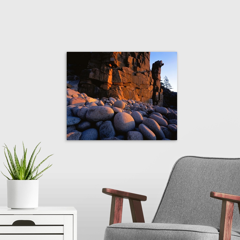 A modern room featuring Maine, Acadia National Park, Sunlight over the rocks