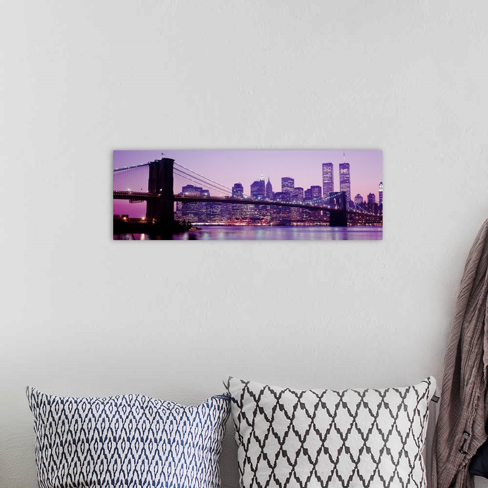 A bohemian room featuring Landscape, oversized panoramic of the New York City skyline with the twin towers, and the Brookly...