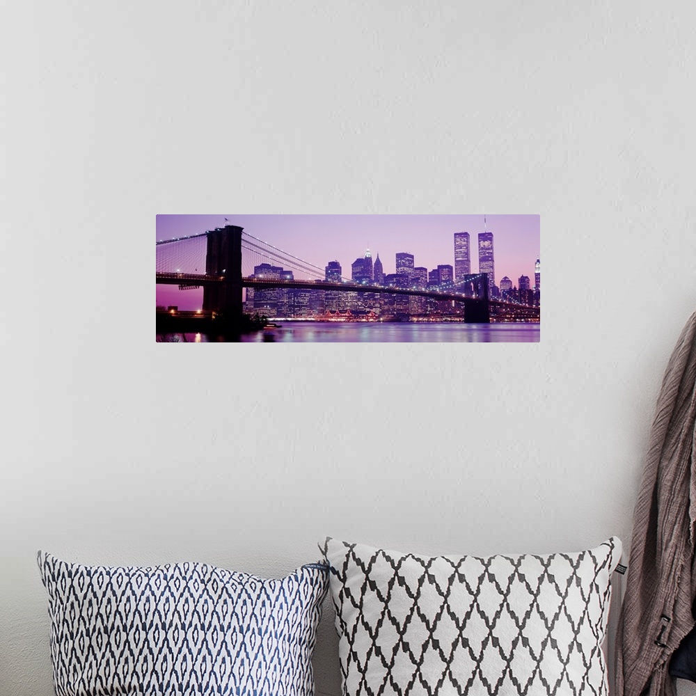 A bohemian room featuring Landscape, oversized panoramic of the New York City skyline with the twin towers, and the Brookly...