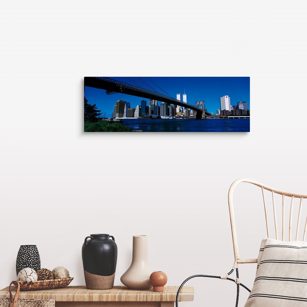 A farmhouse room featuring Panoramic photo print of the Brooklyn Bridge that leads towards the skyline of downtown New York ...
