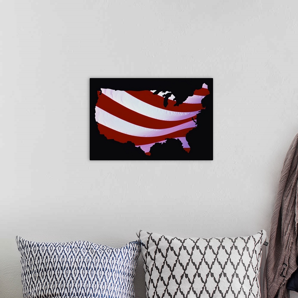 A bohemian room featuring Map of United States with Flag