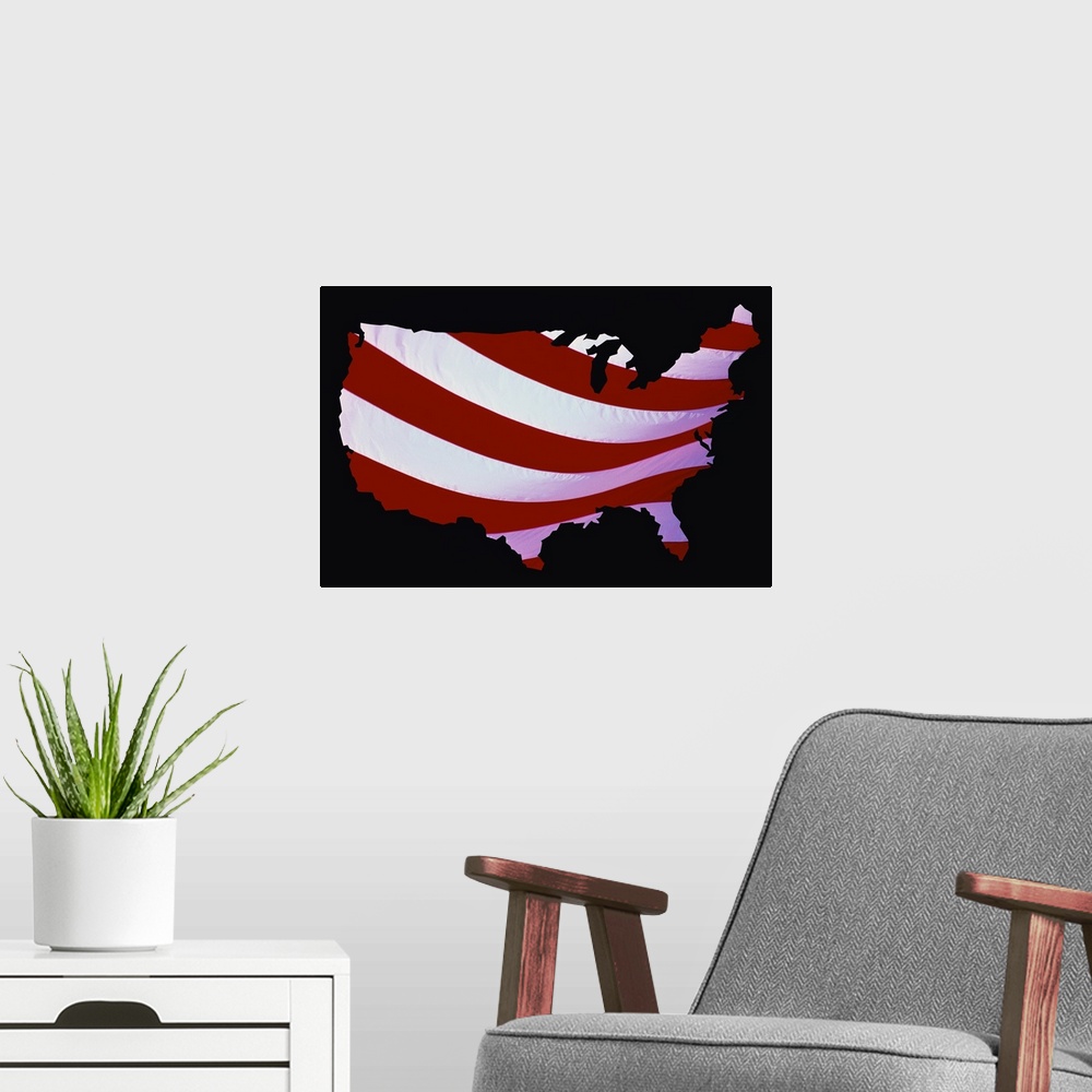 A modern room featuring Map of United States with Flag