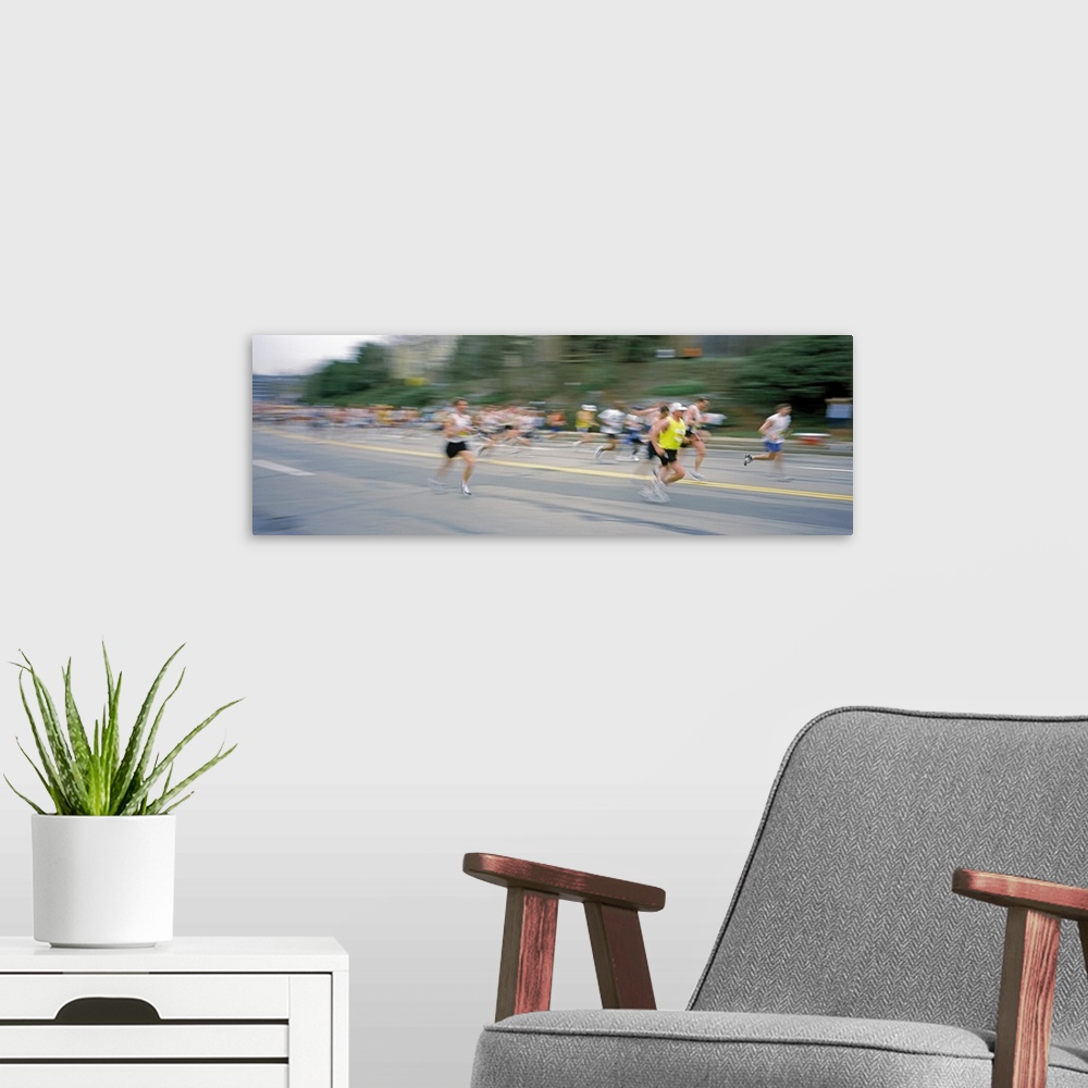 A modern room featuring Marathon runners on a road, Boston Marathon, Washington Street, Wellesley, Norfolk County, Massac...
