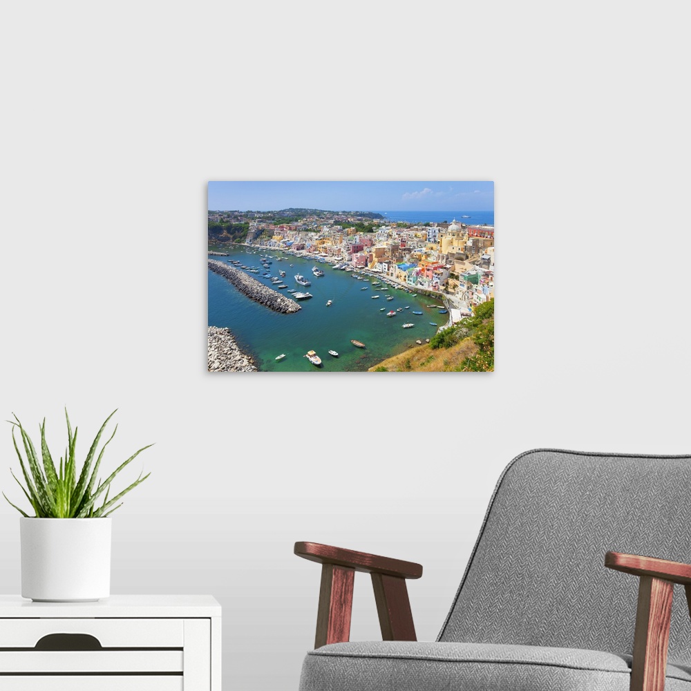 A modern room featuring Marina Corricella, Procida Island, Bay of Naples, Campania, Italy.
