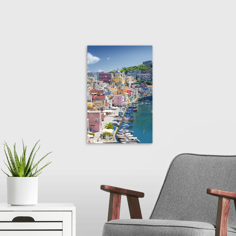 A modern room featuring Marina Corricella, Procida Island, Bay of Naples, Campania, Italy.