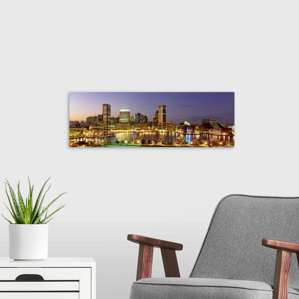A modern room featuring Wall art for the office or living room this is a panoramic photograph of the Inner Harbor and dow...