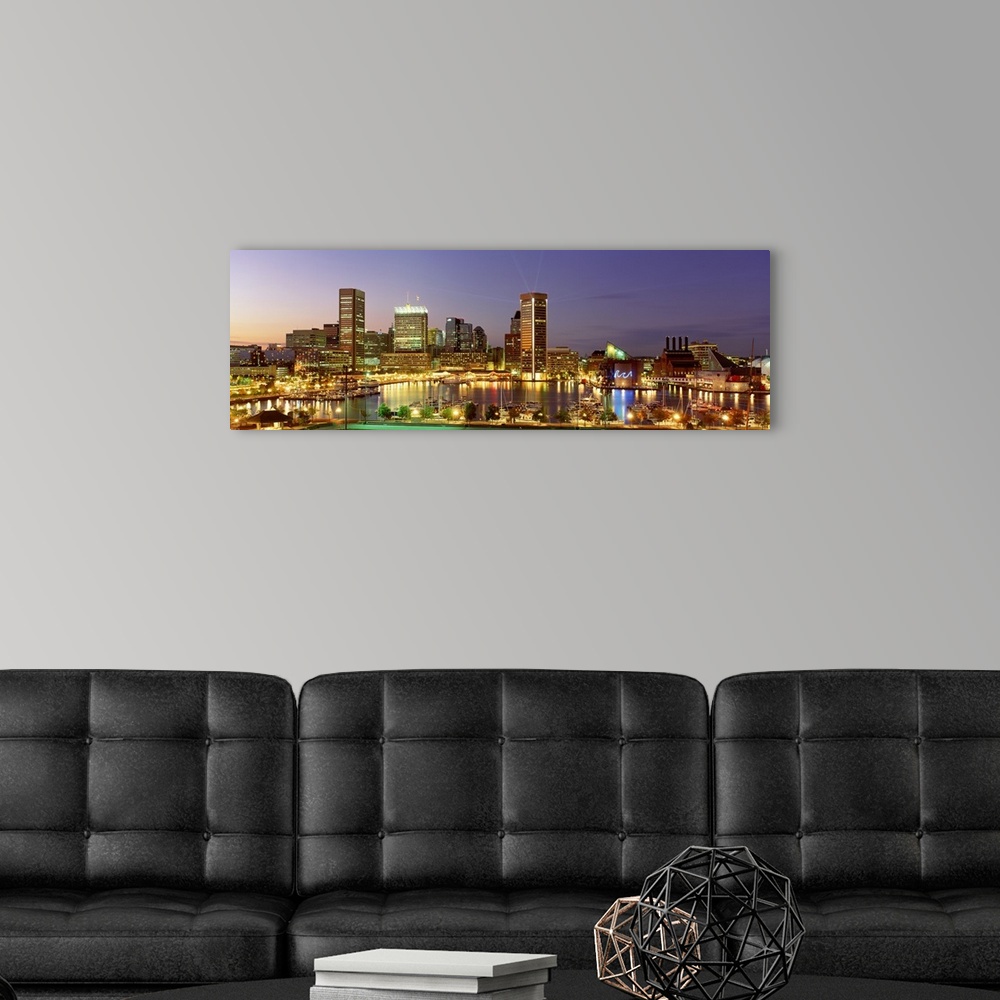 A modern room featuring Wall art for the office or living room this is a panoramic photograph of the Inner Harbor and dow...